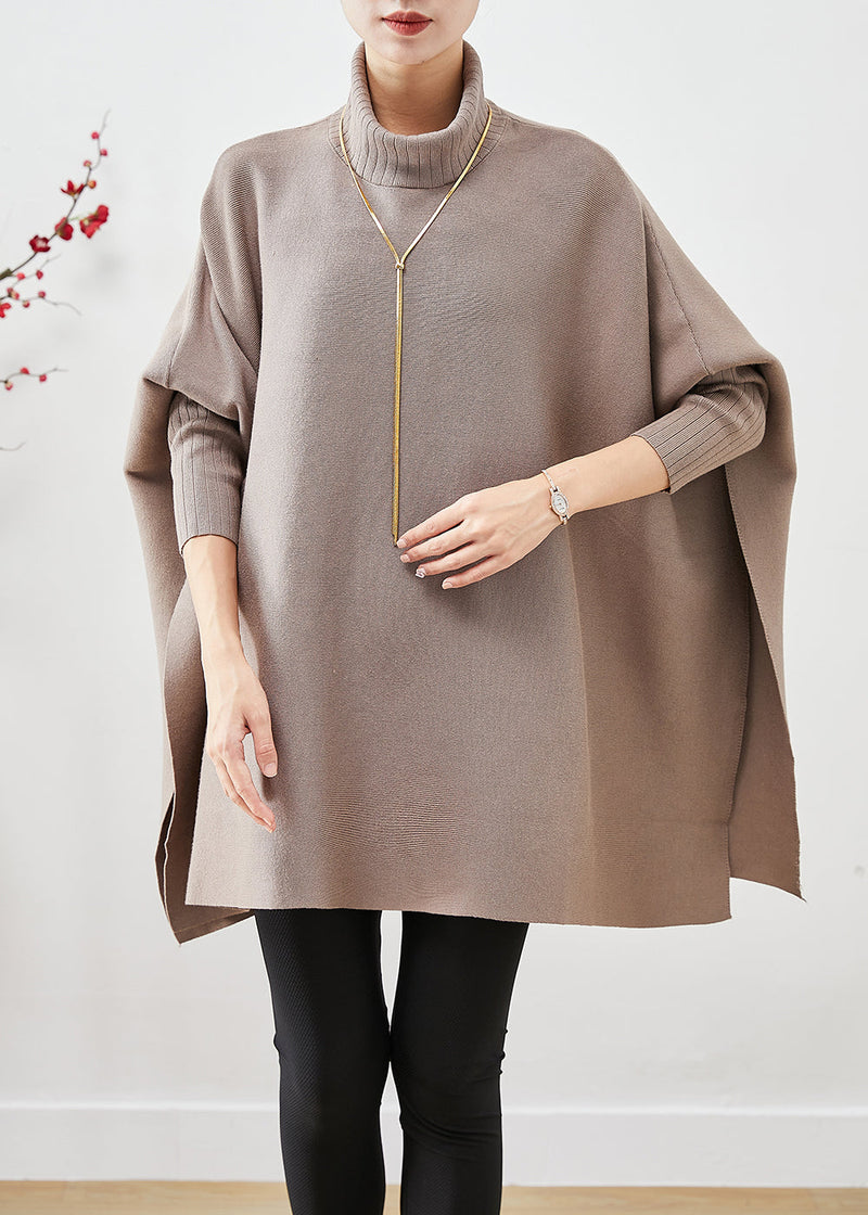Khaki High Neck Patchwork Side Open Cotton Tops Batwing Sleeve