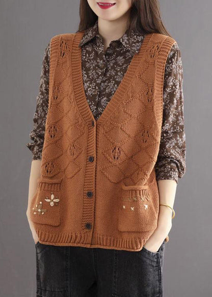 Orange V Neck Button Pockets Cotton Knit Waistcoat Sleeveless