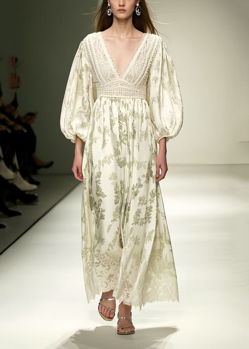 Fitted Beige V Neck Print Silk Vacation Dresses Lantern Sleeve Summer