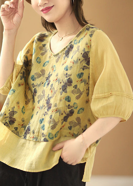 Purple V Neck Print Patchwork Linen Fake Two Piece Top Bracelet Sleeve