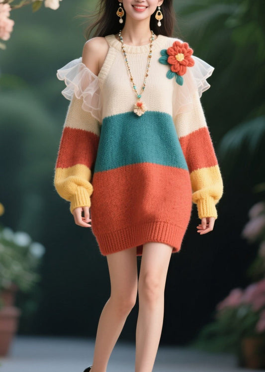 O-neck Cold Shoulder Knit Sweater Dresses Fall