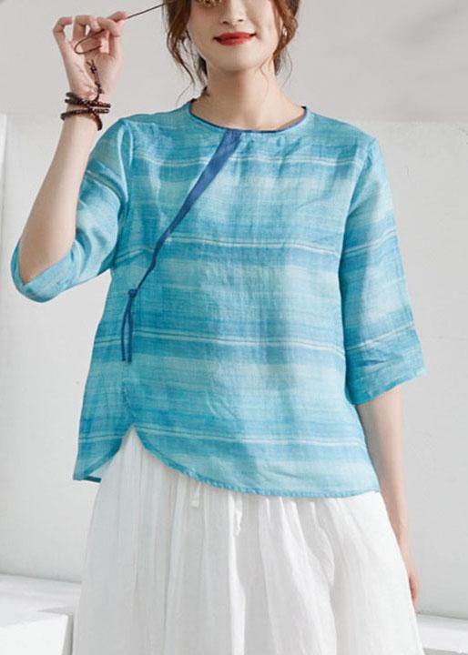 Blue Striped Chinese Style O-neck Summer Ramie Blouse Half Sleeve