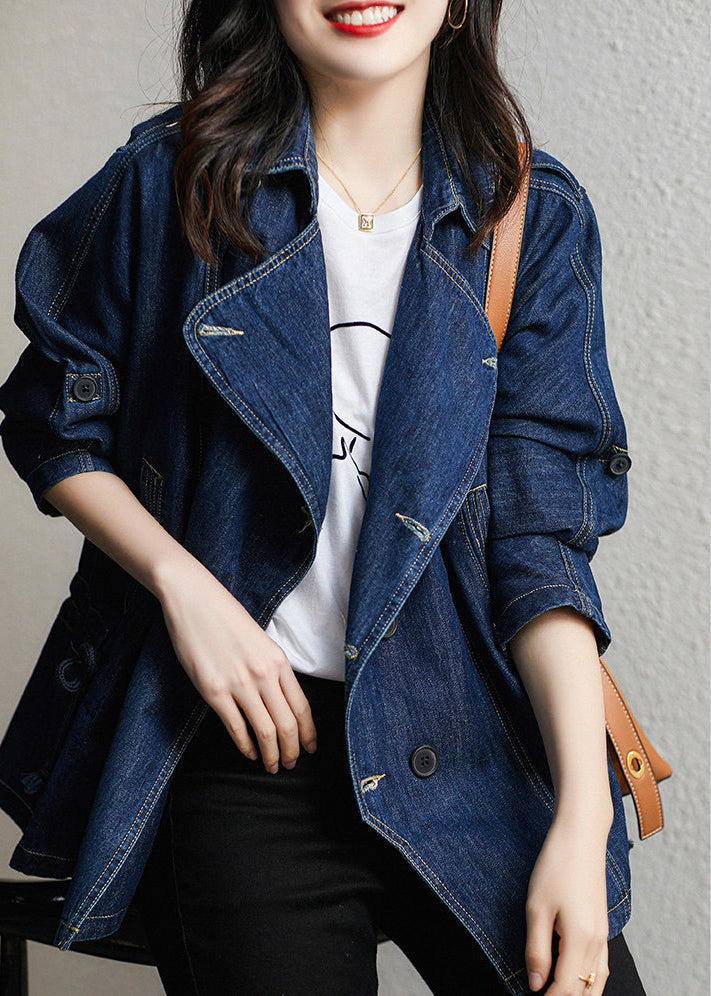 Dark Blue Square Collar Patchwork Button Denim Coats Fall
