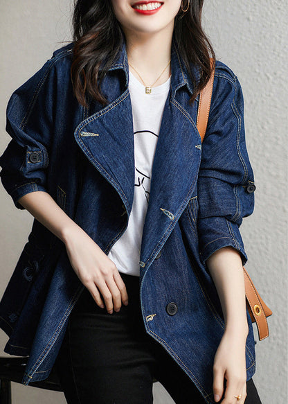 Dark Blue Square Collar Patchwork Button Denim Coats Fall