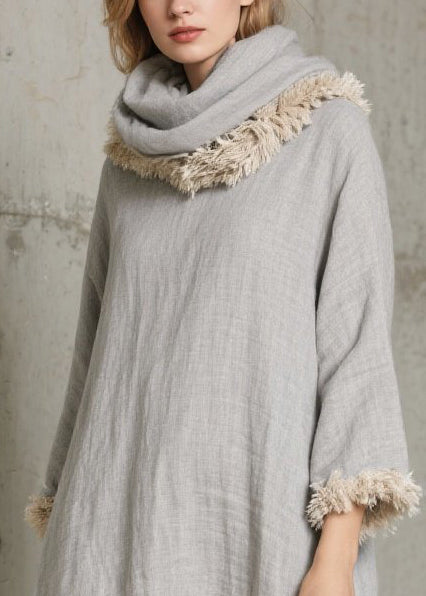 Grey Oversized Patchwork Faux Fur Long Dress Fall