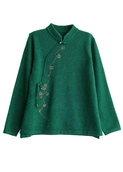 Beige Stand Collar Embroideried Chinese Style Knit Tops Spring