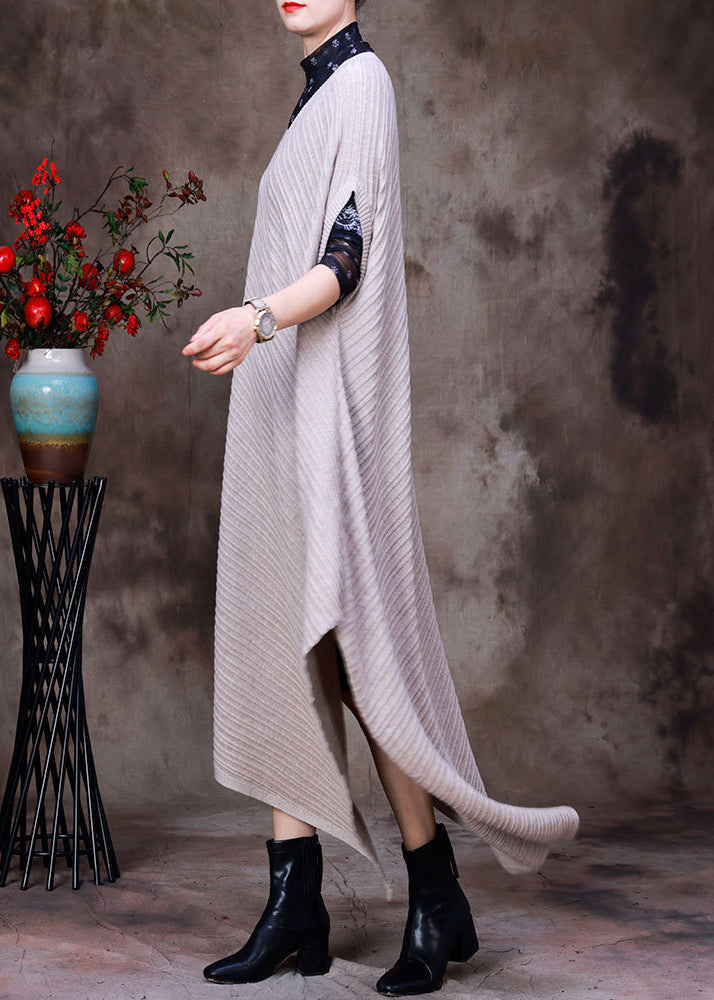 Beige V Neck Asymmetrical Woolen Knit Long Sweater Fall