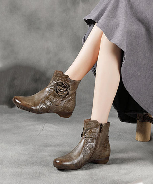 Zippered Splicing Wedge Boots Camel Cowhide Leather
