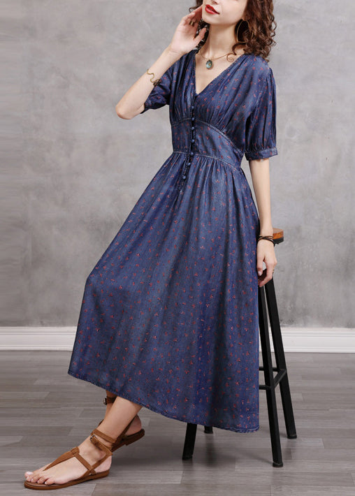 Modern Navy V Neck Button Elastic Waist Cotton Party Dress Short Sleeve