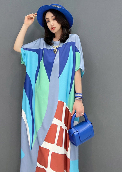 Loose Green O-neck Print Long Dress Short Sleeve