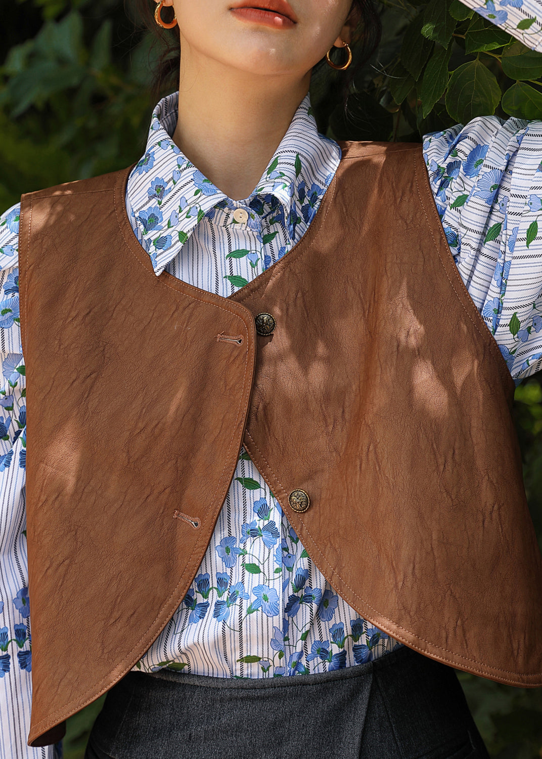 Coffee O-neck Button Faux Leather Waistcoat Fall