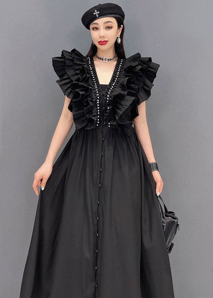 Style Black V Neck Original Ruffles Cotton Long Dress Vestidos Sleeveless