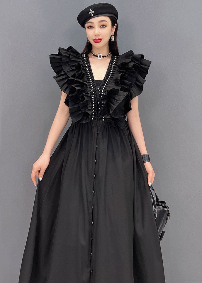 Style Black V Neck Original Ruffles Cotton Long Dress Vestidos Sleeveless