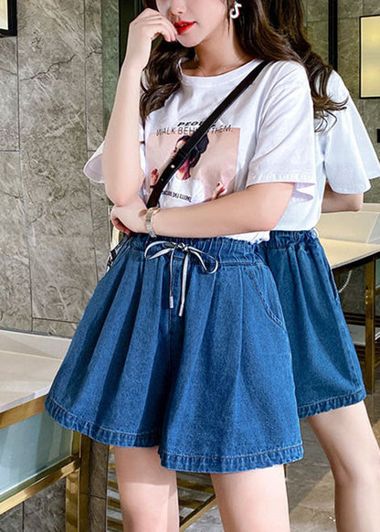 Simple Navy Elastic Waist Drawstring Pockets Cotton Wide Leg Pants Shorts Summer
