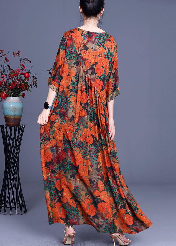 Orange Print O-neck Asymmetrical Design Summer Silk Long Dresses