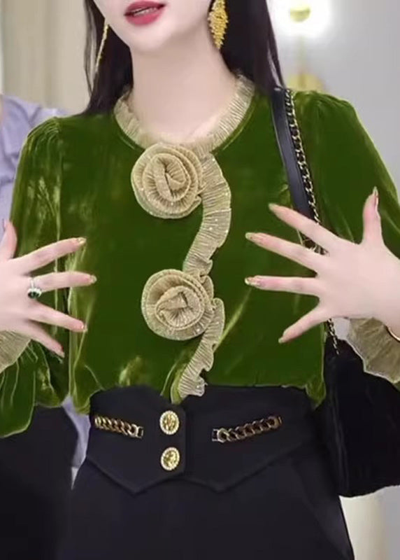 Vogue Green O-neck Silk Velour Shirt Flare Sleeve