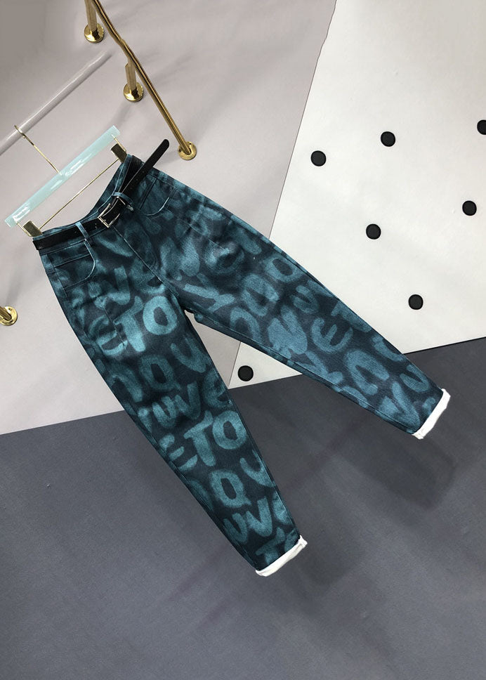 Green Pockets Graphic Print Jeans Fall
