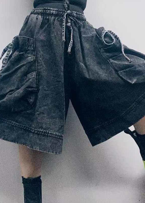 Black Elastic Waist Big Pockets Cotton Wide Led Shorts Summer