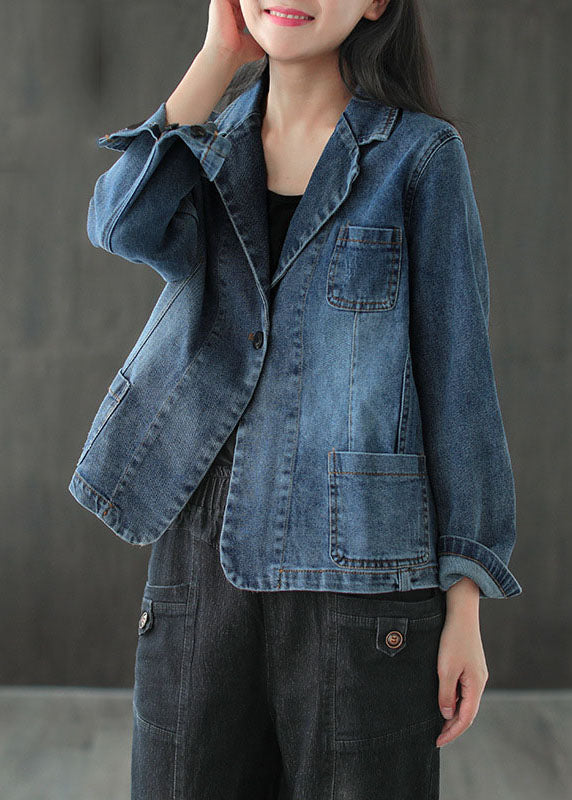 Blue Button Pockets V Neck Denim Coats Long Sleeve