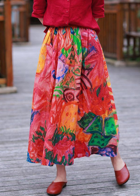Red Pockets Elastic Waist Cotton Skirt Spring