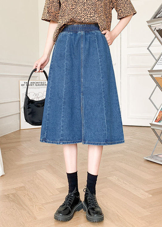 Boutique Denim Blue Elastic Waist Side Open Cotton a Line Skirt Summer