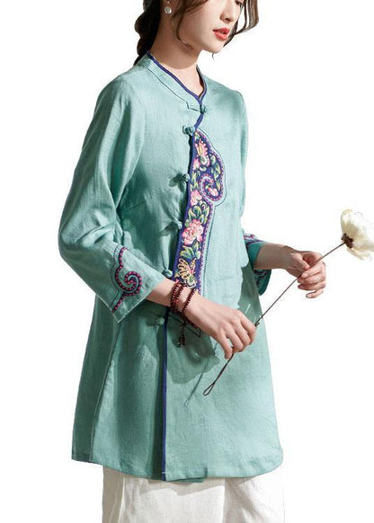 Natural Green Embroideried Button Spring Summer Linen Tops