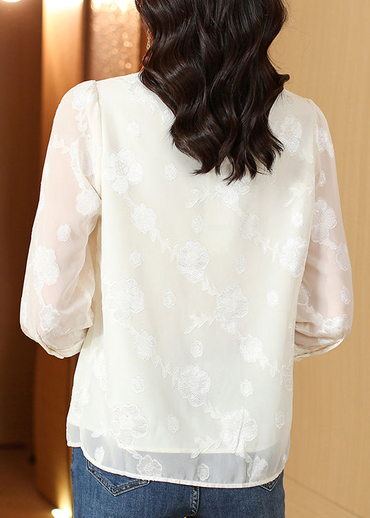 Beige Mandarin Collar Tassel Jacquard Silk Blouses Half Sleeve