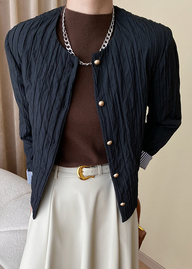 Fine Black O Neck Pockets Button Thin Fine Cotton Filled Coat Fall