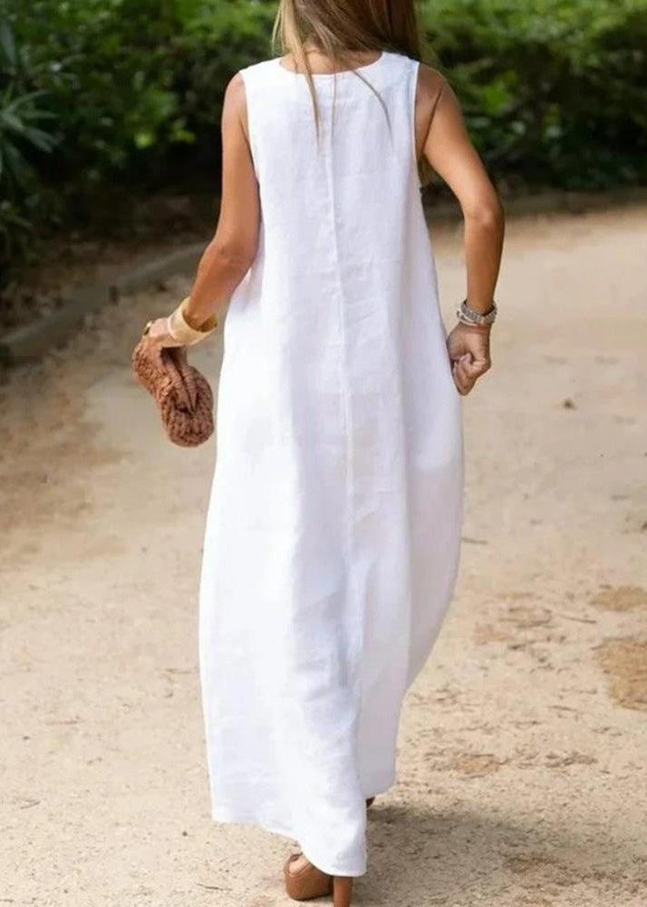 White V Neck Cotton a Line Dress Sleeveless Summer