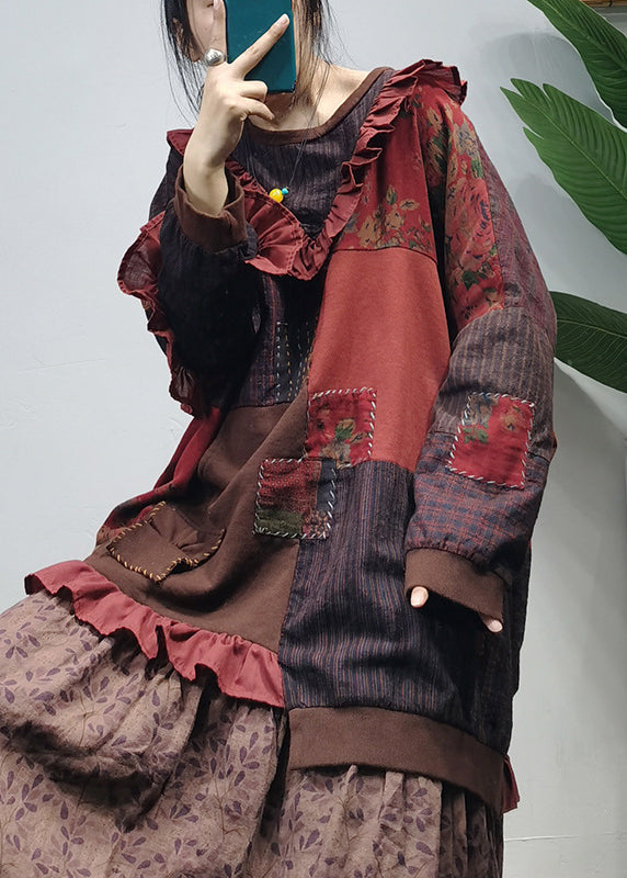 O-neck Asymmetrical Design Ruffled Patchwork Cotton Top Long Sleeve