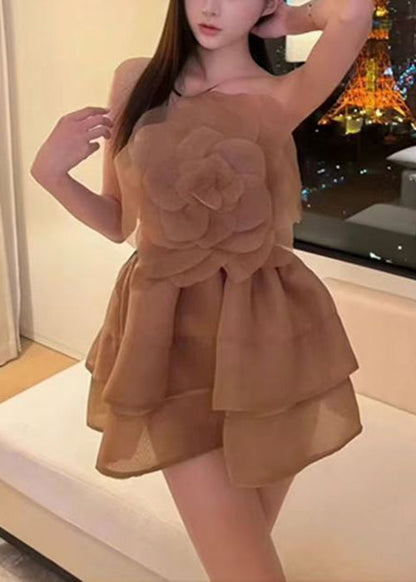 Coffee Cold Shoulder Mini Dresses Sleeveless