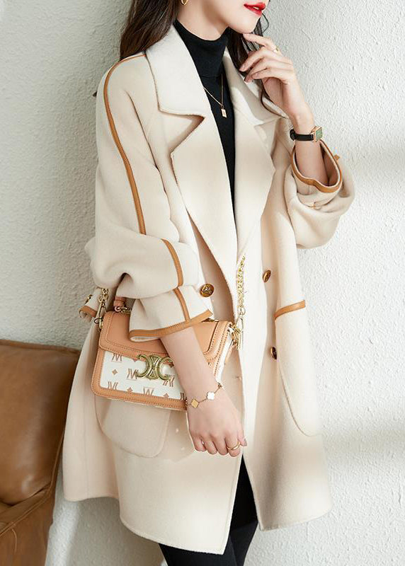 White Lapel Patchwork Pu Woolen Trench Coat Fall