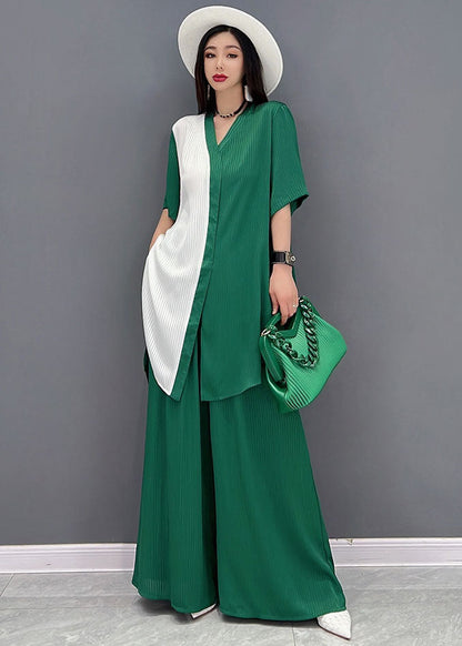 Green Patchwork Chiffon Tops and Wide Leg Pants Two Pieces Set V Neck Tie Waist Summer