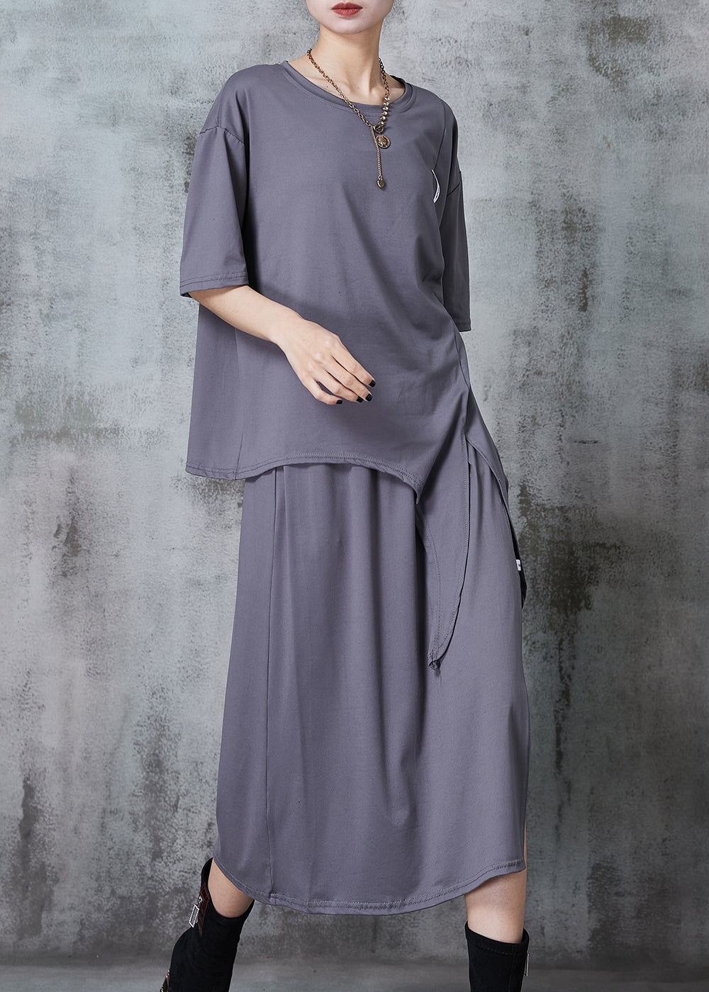 Grey Asymmetrical Side Open Cotton Two Pieces Set Summer