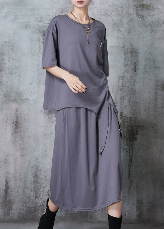 Grey Asymmetrical Side Open Cotton Two Pieces Set Summer