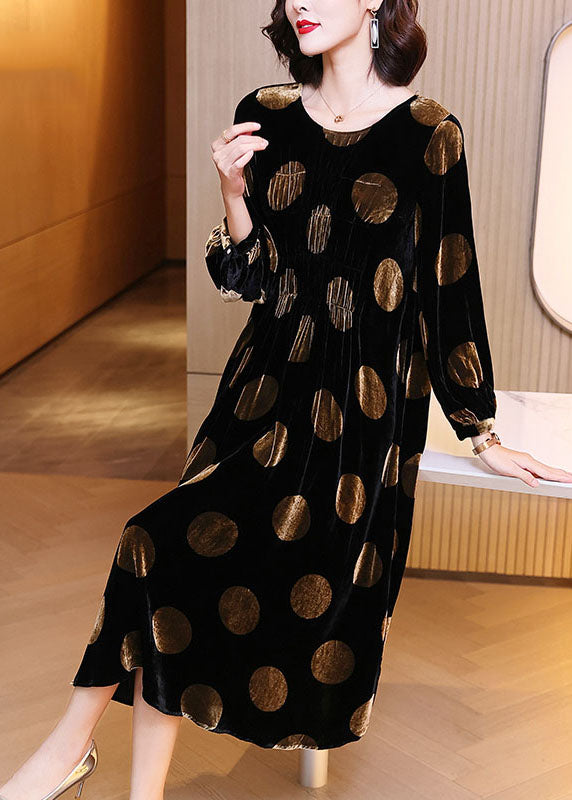 Black Dot Print Velour Dress Spring