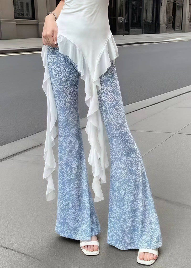 Art Denim Blue Print Tummy Control Tulle Bell-bottom Trousers Summer