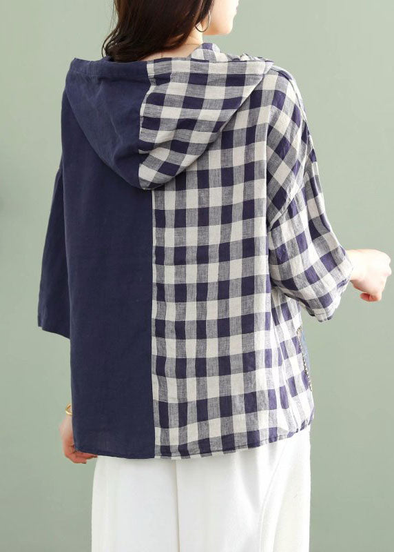 Blue Hooded Plaid Patchwork Drawstring Fall Tops Half Sleeve