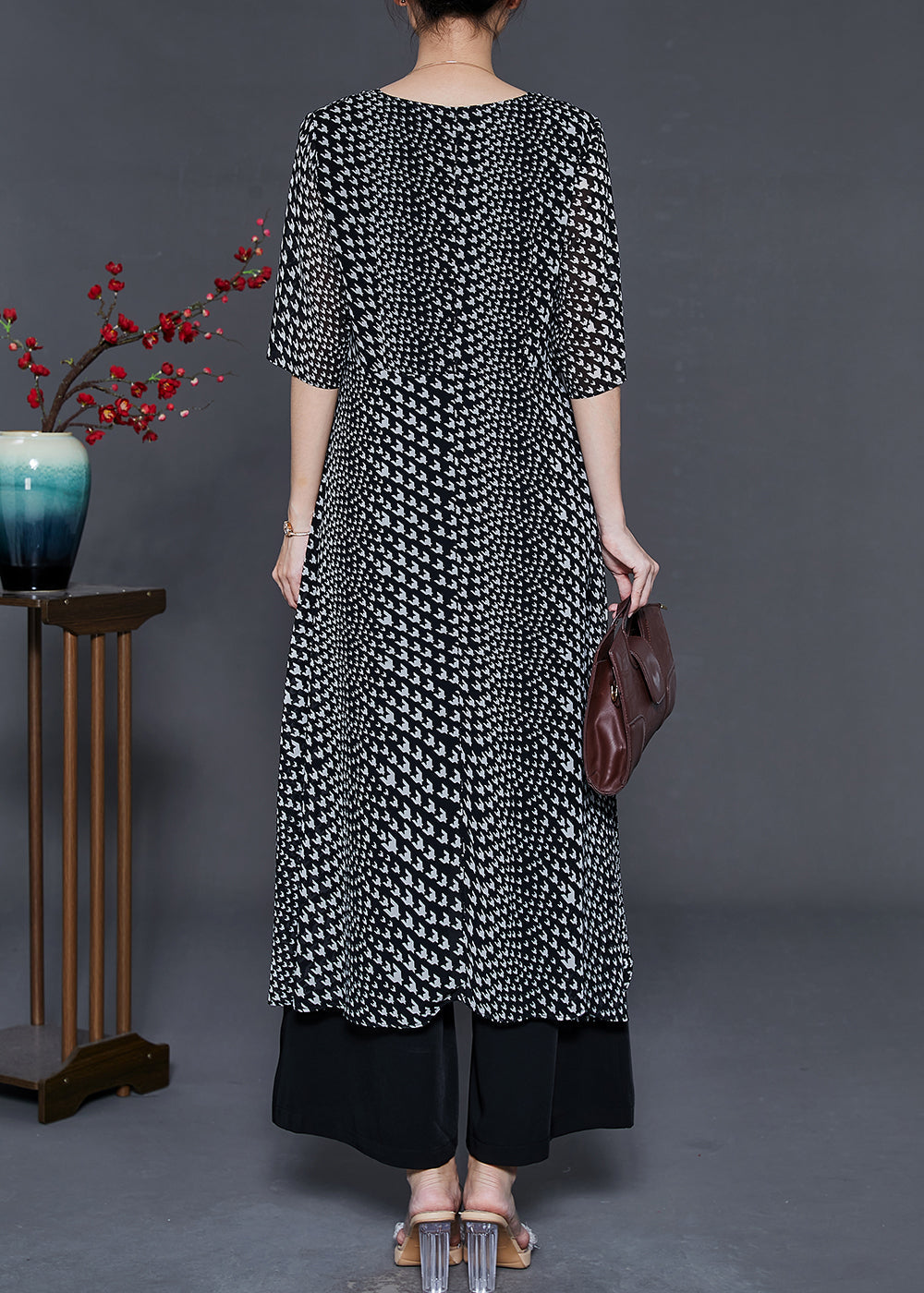 Fine Black Asymmetrical Print Chiffon Two Pieces Set Summer