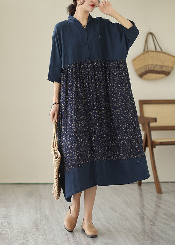 Navy Stand Collar Print Patchwork Linen Dresses Summer