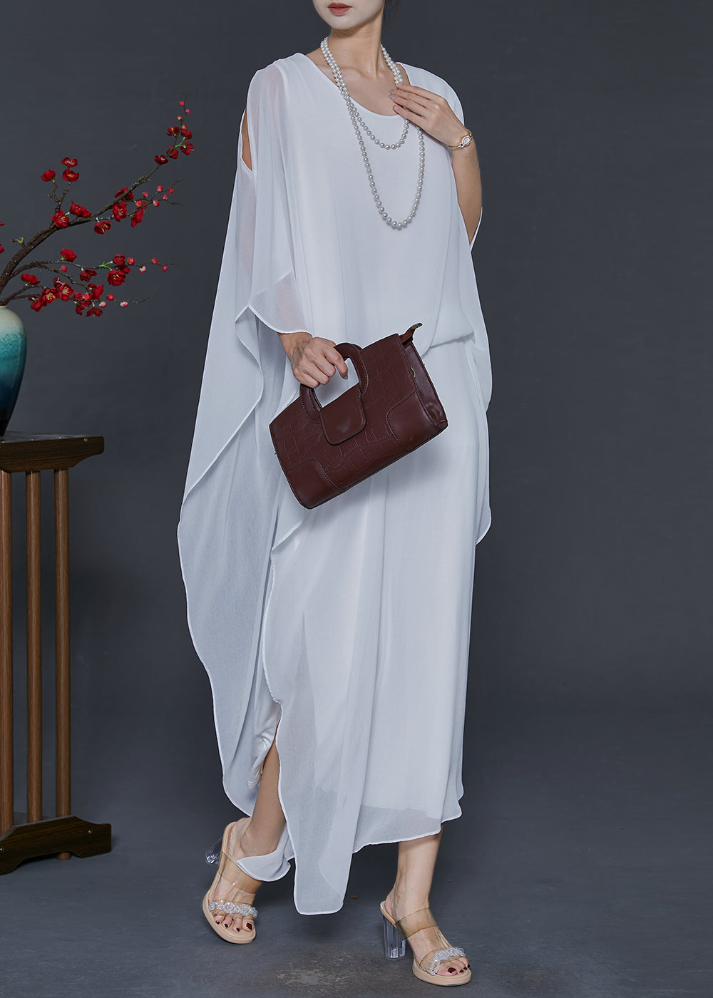 White Cold Shoulder Asymmetrical Design Chiffon Vacation Dresses Summer