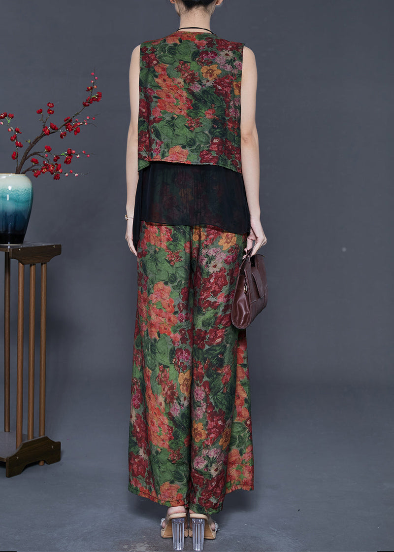 French Green Print Patchwork Linen Two Pieces Set Summer