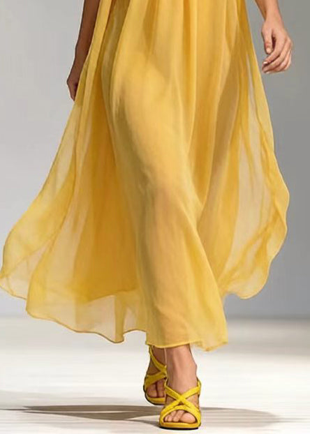 Yellow Decorated Draping Chiffon Maxi Dresses Summer