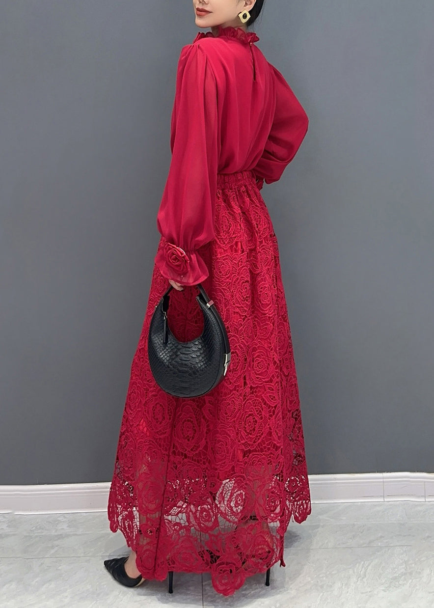 Fine Red Rose Lace Shirts and Maxi Skirts Two Pieces Set Fall