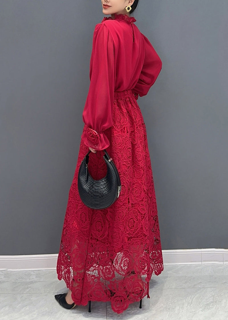 Fine Red Rose Lace Shirts and Maxi Skirts Two Pieces Set Fall