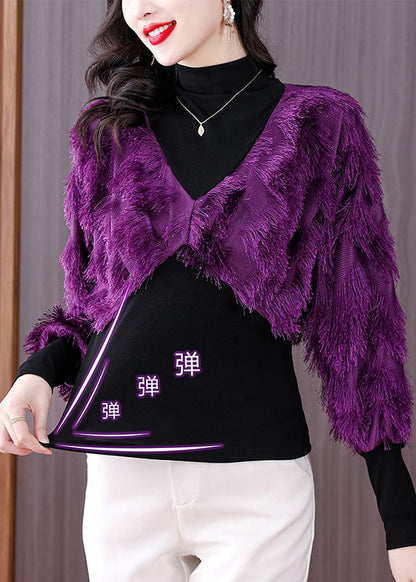 Black Turtleneck Fuzzy Fur Fluffy Patchwork Fake Two Pieces Tops Fall