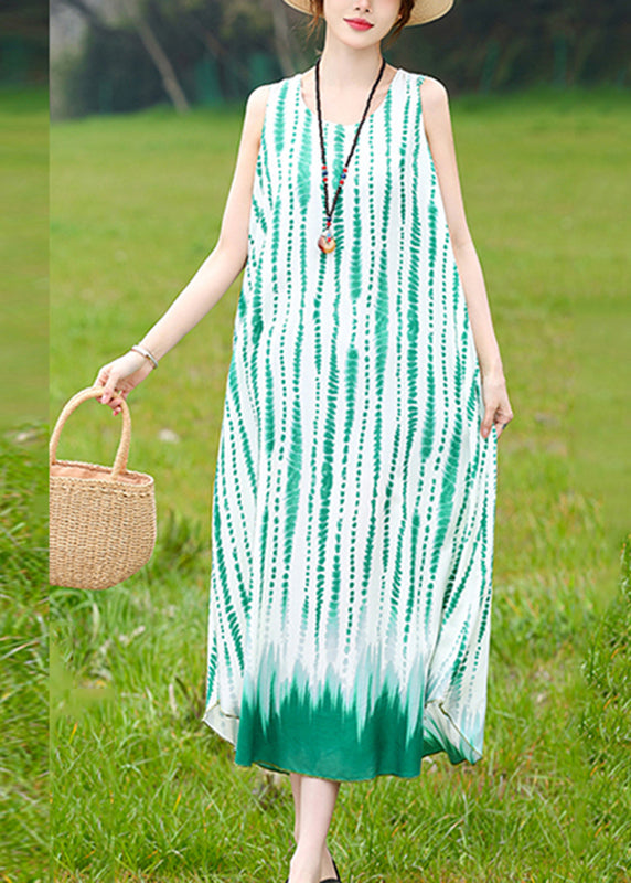 Green O-neck Striped Long Dress Summer