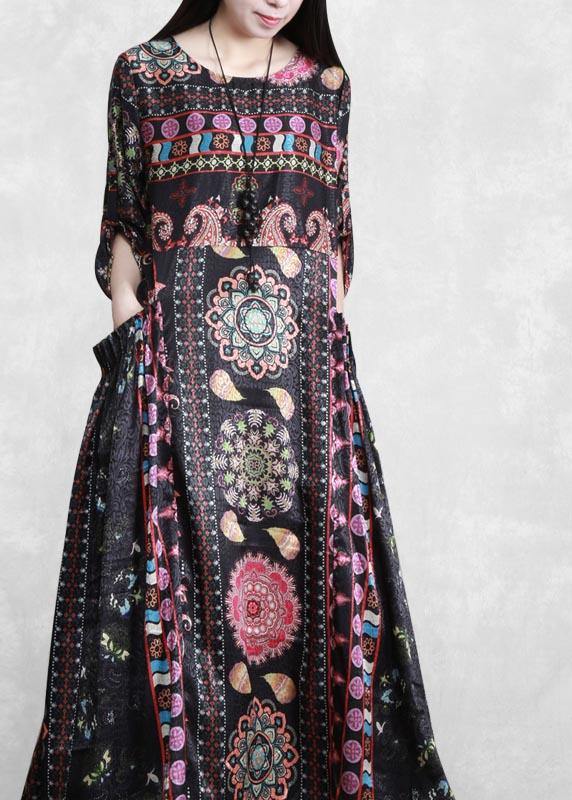 Black Print Dress O Neck Pockets Dress