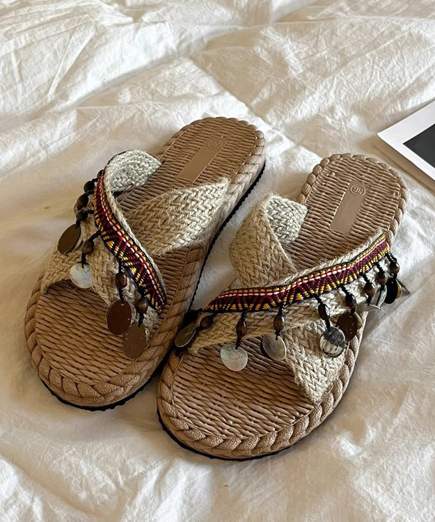 Knit Fabric Splicing Tassel Peep Toe Slide Sandals