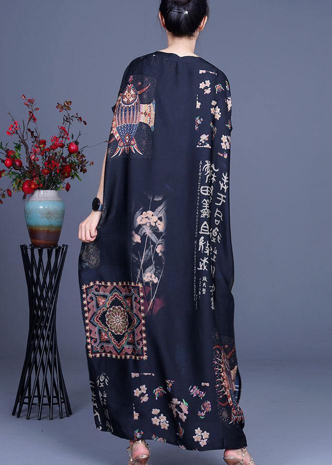 French Black Print Side Open Silk Long Dress Summer